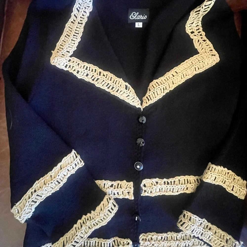 Elaris Black Crochet Trim Cardigan Blouse Gold Button Top Boho Chic Sweater Top